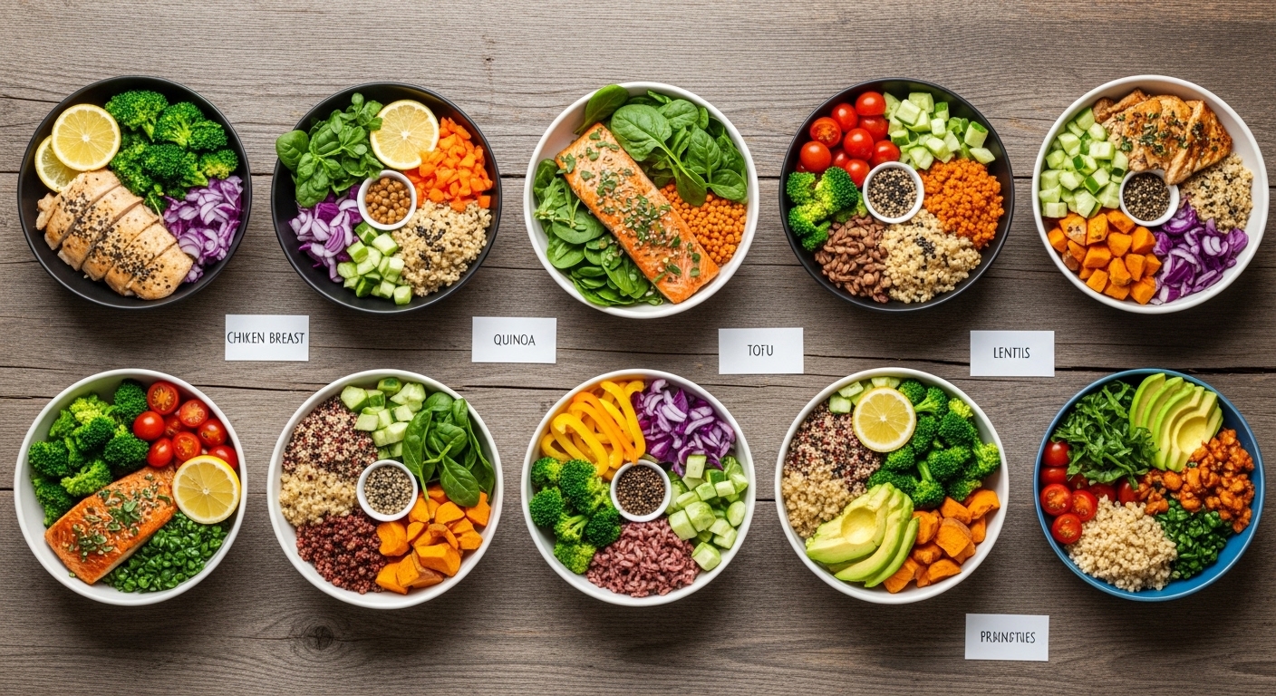 Várias tigelas de pratos saudáveis com ingredientes frescos, incluindo frango, quinoa, tofu, lentilhas e prantinas, todos decorados com legumes variados.