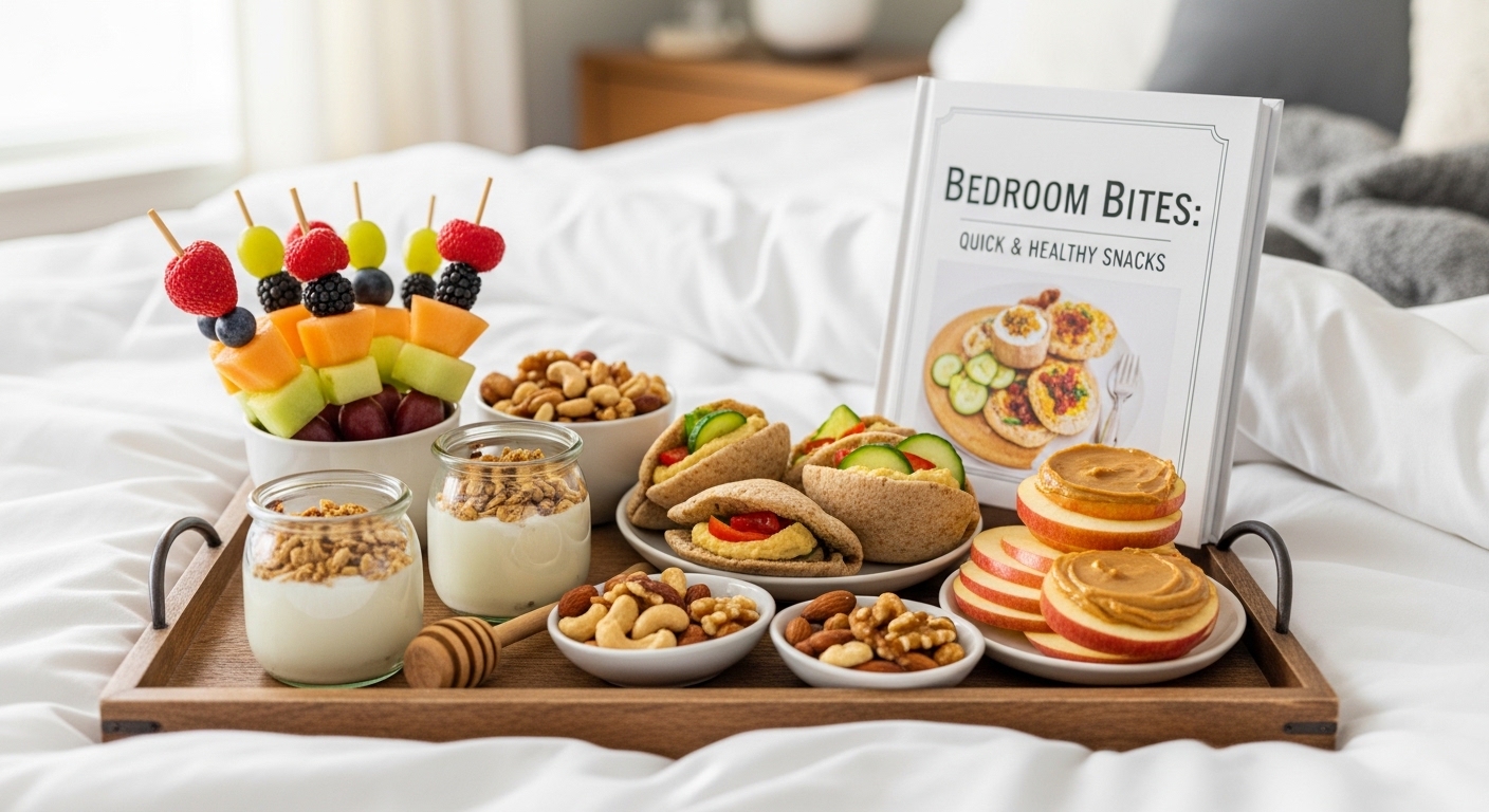 Bandeja com lanches saudáveis, incluindo frutas, iogurte, wraps e fatias de maçã com pasta de amendoim.