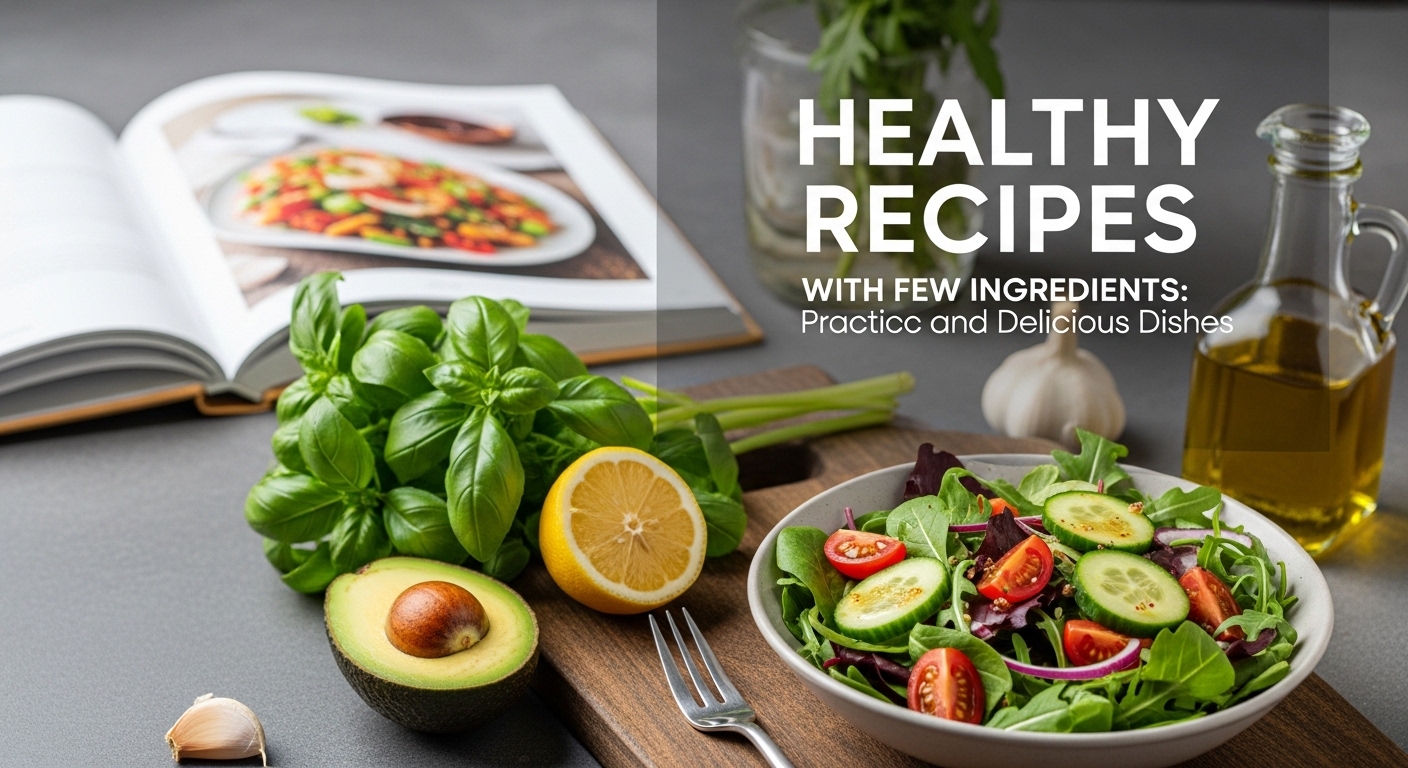 Salada fresca com legumes variados, ao lado de ingredientes como manjericão, abacate, limão e alho, com um livro de receitas aberto ao fundo.