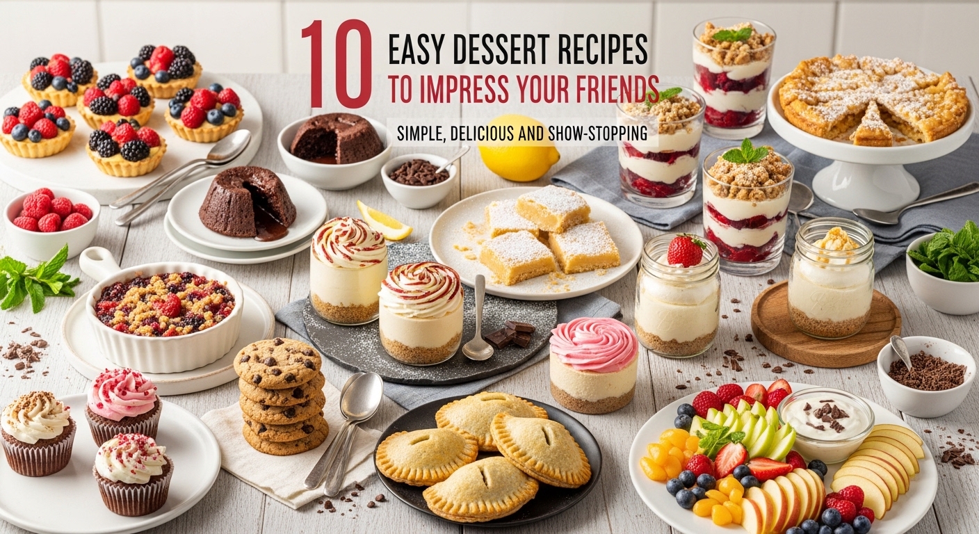 Uma variedade de sobremesas em uma mesa, incluindo tortinhas de frutas, bolos de chocolate, cupcakes, e sobremesas em potes.