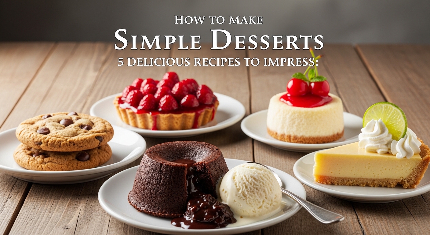 Pratos com diversas sobremesas, incluindo cookies de chocolate, torta de frutas, bolo com cobertura vermelha, pudim de chocolate com sorvete e torta de limão.