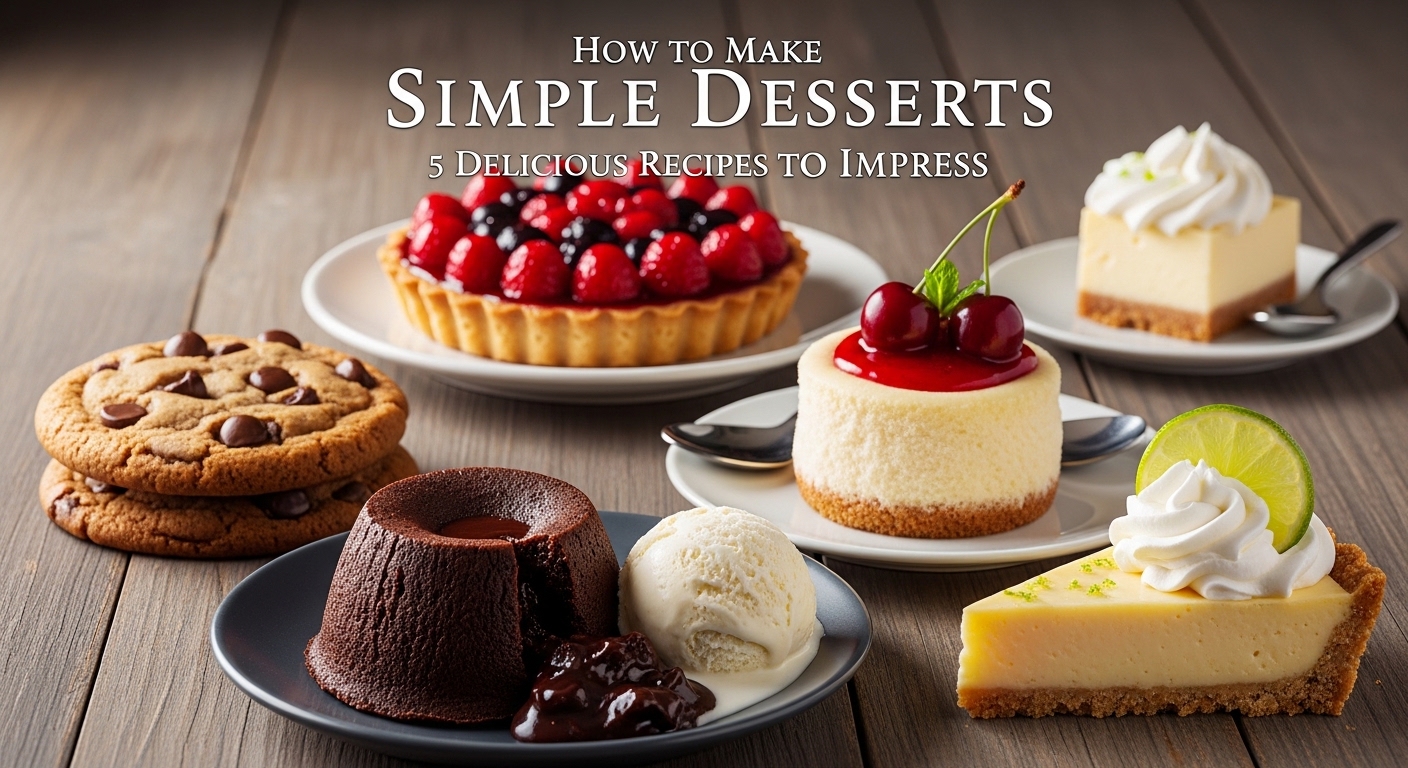 Diversas sobremesas coloridas, incluindo cookies, torta de frutas, cheesecake e sobremesa de chocolate com sorvete.