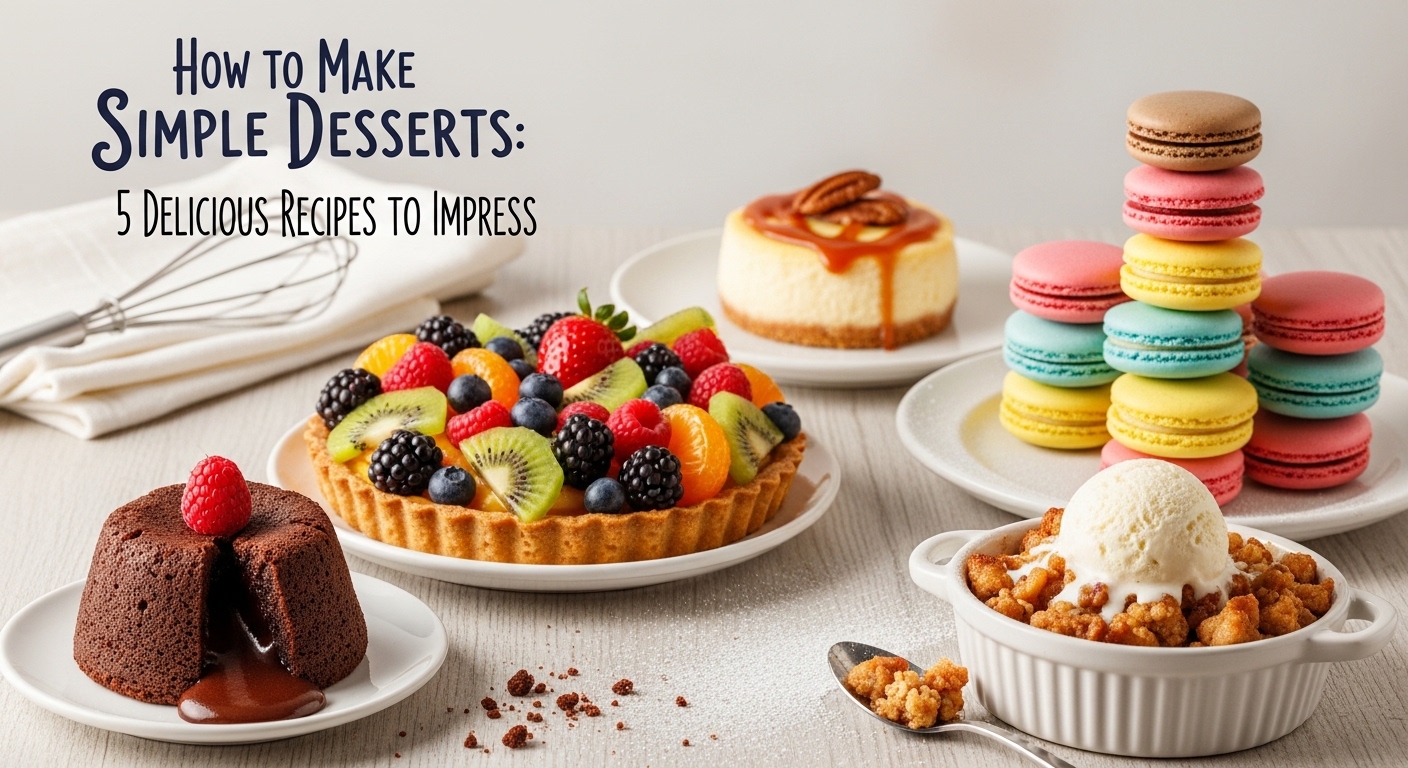 Diversas sobremesas em pratos decorativos, incluindo chocolate com raspberry, fruta picada, cheesecake e macarons coloridos.