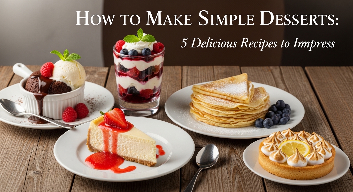 Uma montagem de sobremesas em pratos brancos sobre uma mesa de madeira. Inclui um bolinho de chocolate com sorvete, uma taça de sobremesa com frutas vermelhas, uma fatia de cheesecake com calda de morango, panquequinhas empilhadas, e uma torta de limão.