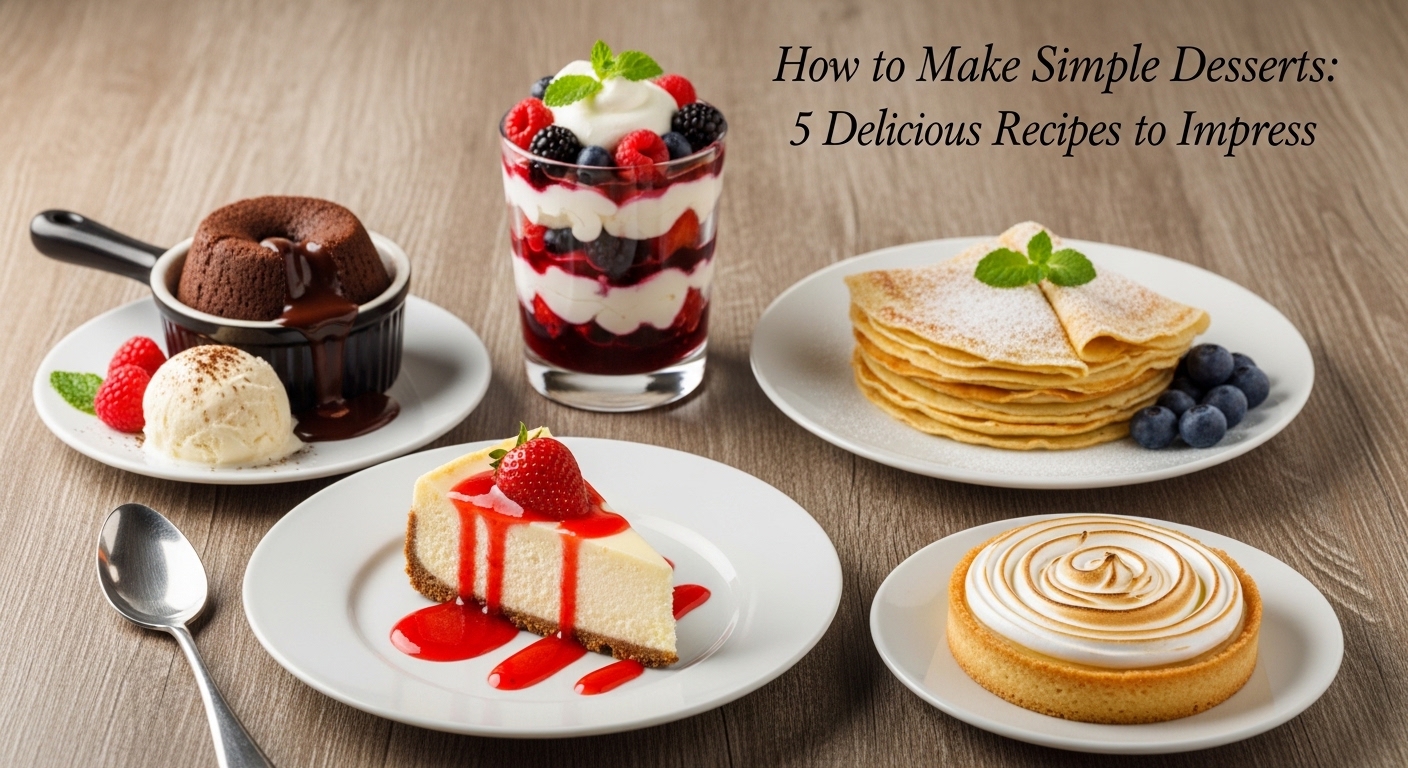 Um prato com várias sobremesas coloridas e apetitosas. Inclui um bolo de chocolate, um parfait de frutas, uma fatia de cheesecake, panquecas e um doce com cobertura de merengue.