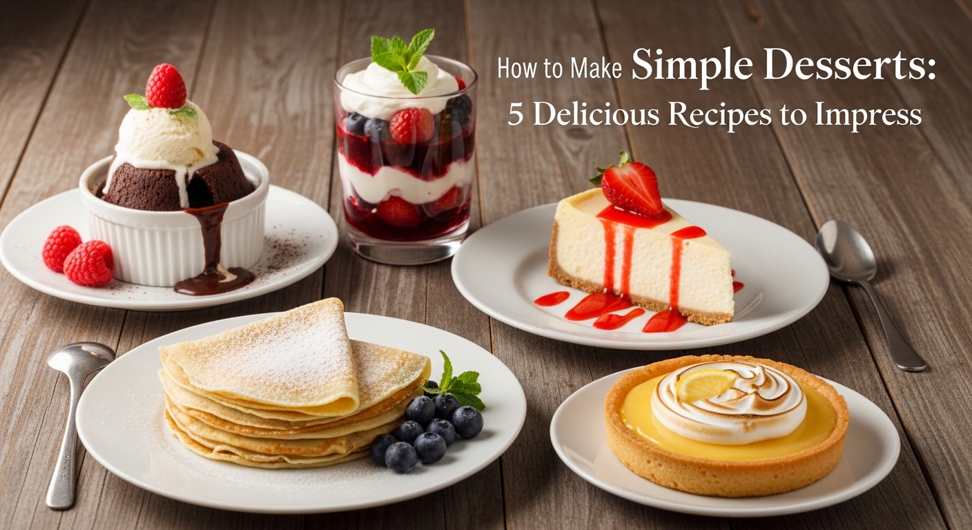 Diversas sobremesas apresentadas em pratos brancos, incluindo um bolinho de chocolate com sorvete, uma taça de frutas com creme, uma torta de limão, um cheesecake com calda de morango e crepes empilhados.