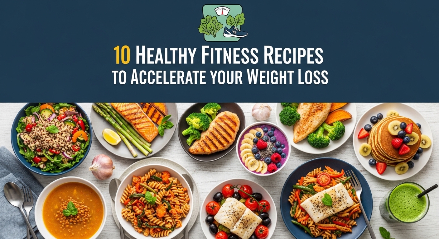 Um conjunto variado de pratos saudáveis dispostos em uma mesa. Inclui saladas, peixes grelhados, massa com vegetais, sopa e panquecas com frutas.