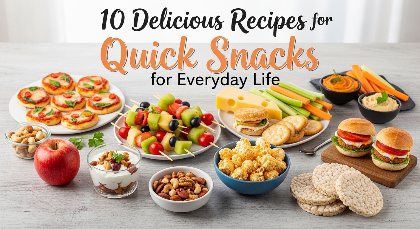 Mesa com diversas opções de lanches rápidos, incluindo mini pizzas, espetinhos de frutas, opções de vegetais, sanduíches, e petiscos variados.