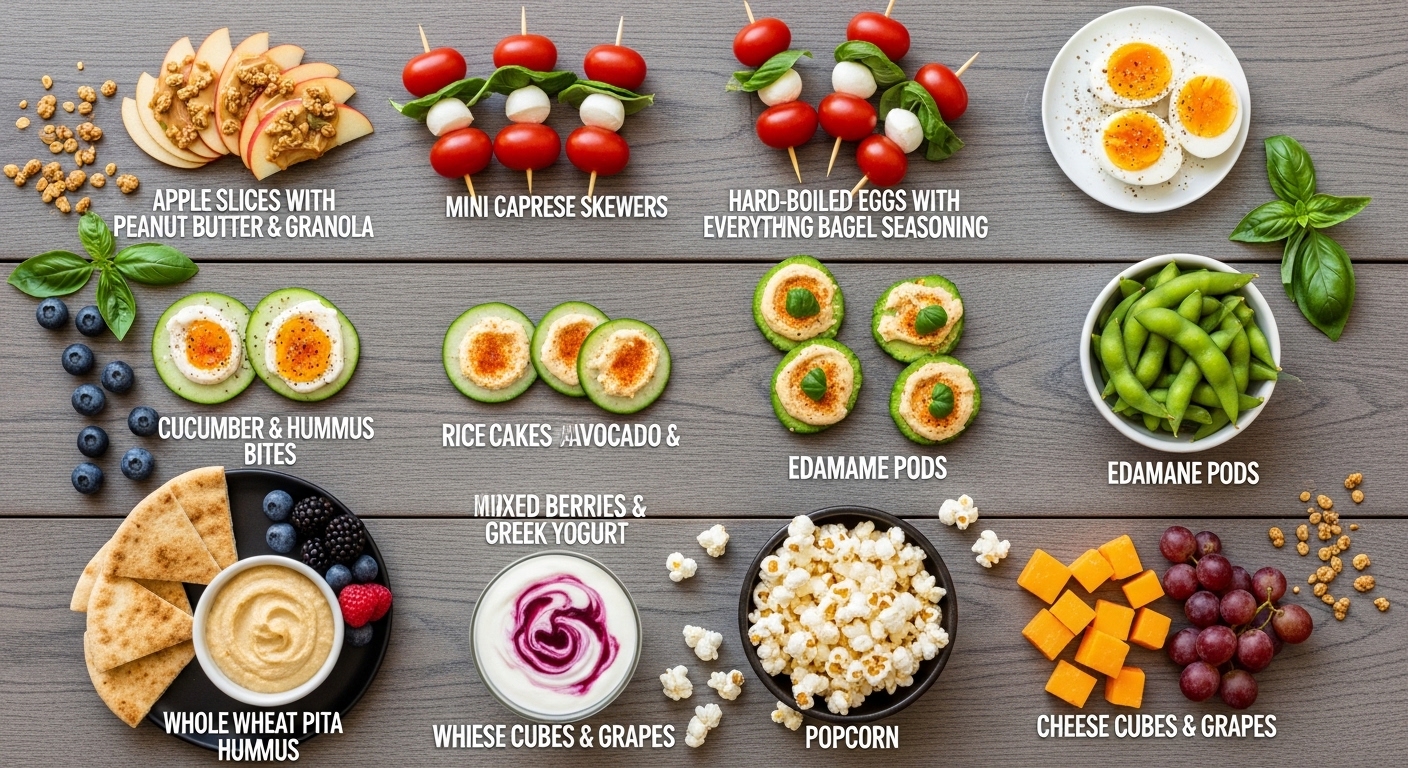 Uma variedade de lanches saudáveis dispostos em cima de uma mesa. Inclui fatias de maçã com manteiga de amendoim, espetinhos de caprese, ovos cozidos, bolachas de arroz com abacate, edamame, hummus com pita integral, frutas mistas e queijo.