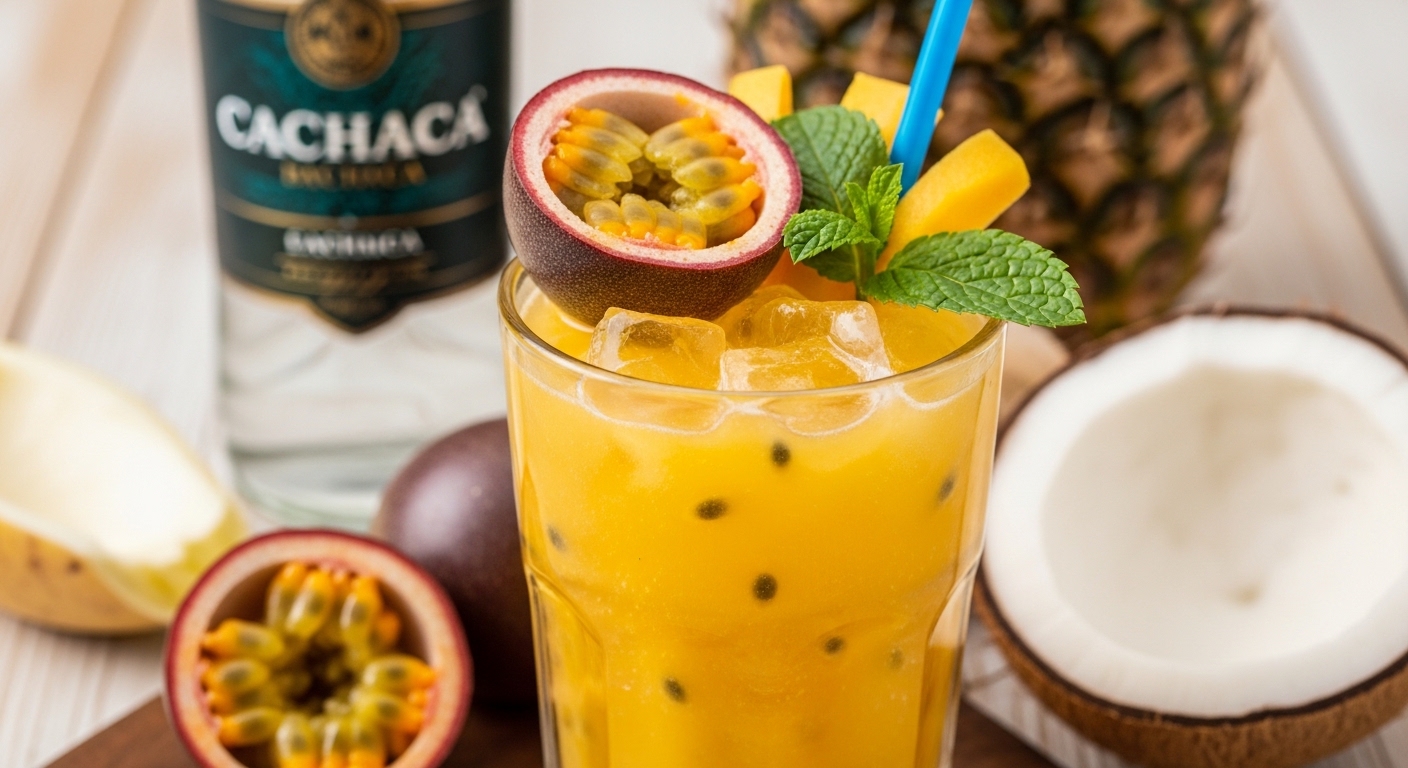 Drink tropical com cachaça, maracujá, abacaxi e hortelã