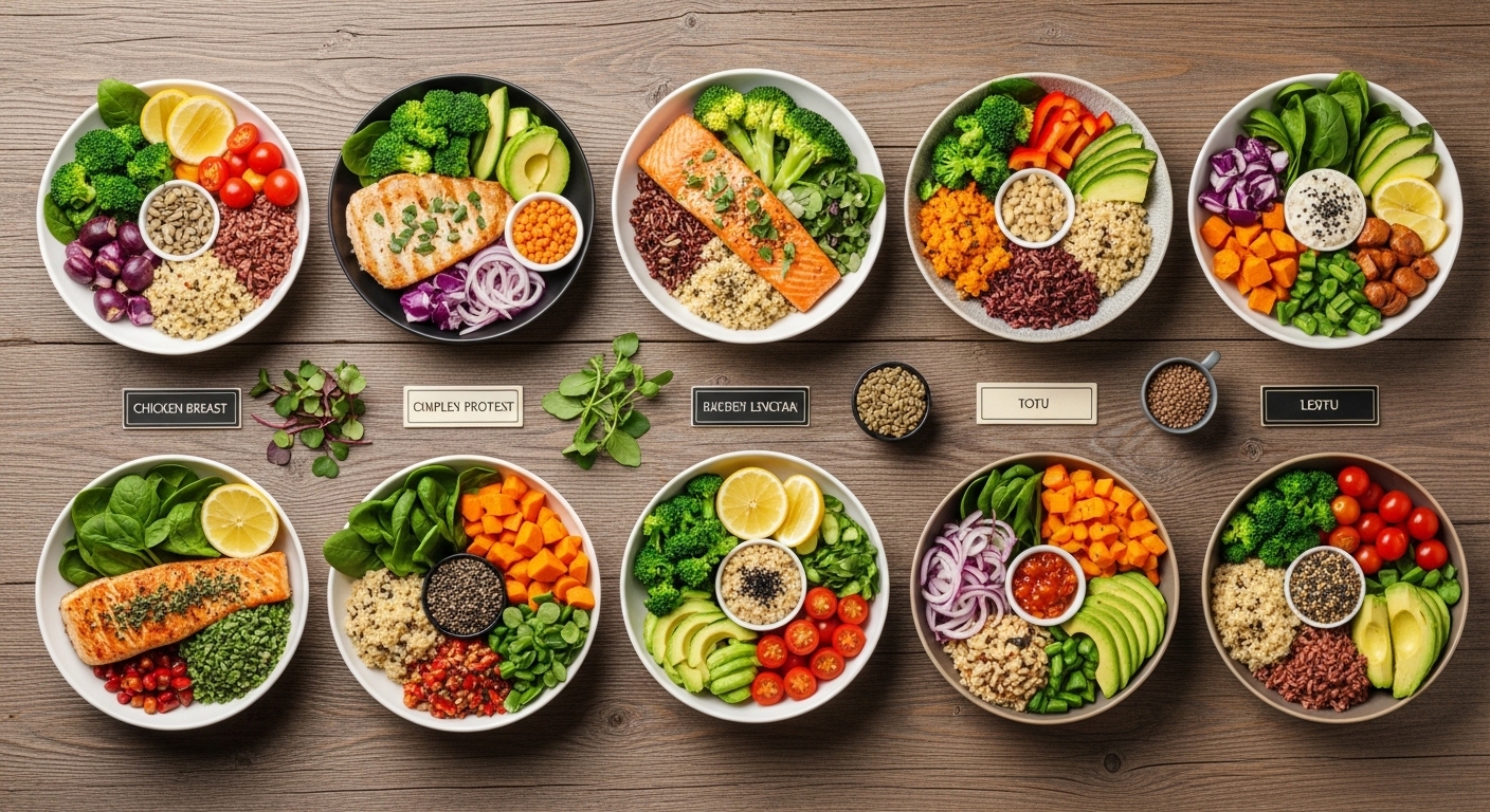 Pratos coloridos de alimentação saudável com ingredientes frescos e variados, incluindo vegetais, grãos e proteínas.