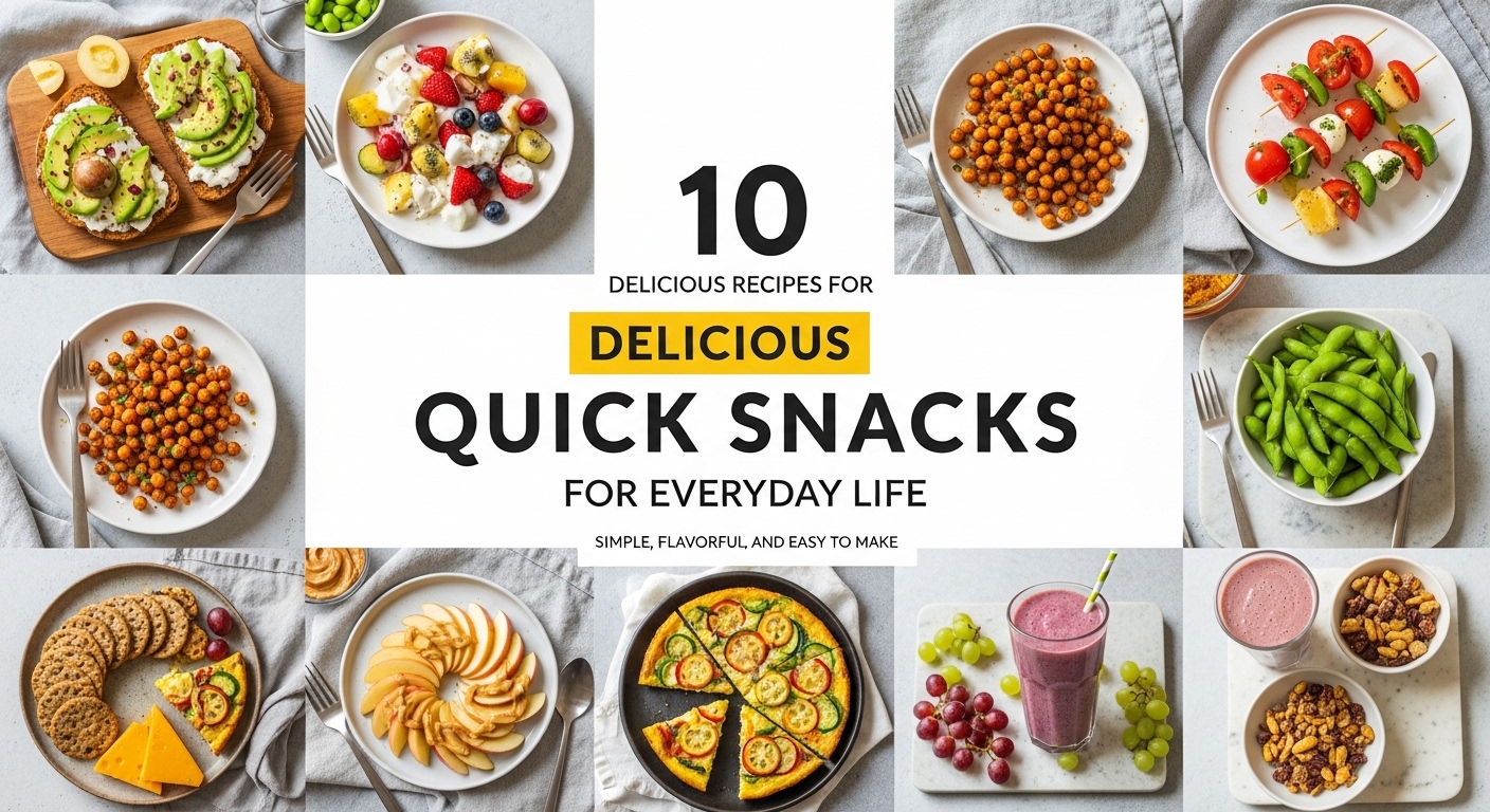 Uma montagem de diferentes lanches rápidos e simples, incluindo torradas com abacate, salada de frutas, grão-de-bico crocante, espetinhos de legumes, edamame, biscoitos, queijo, frutas fatiadas, pizza e smoothies.