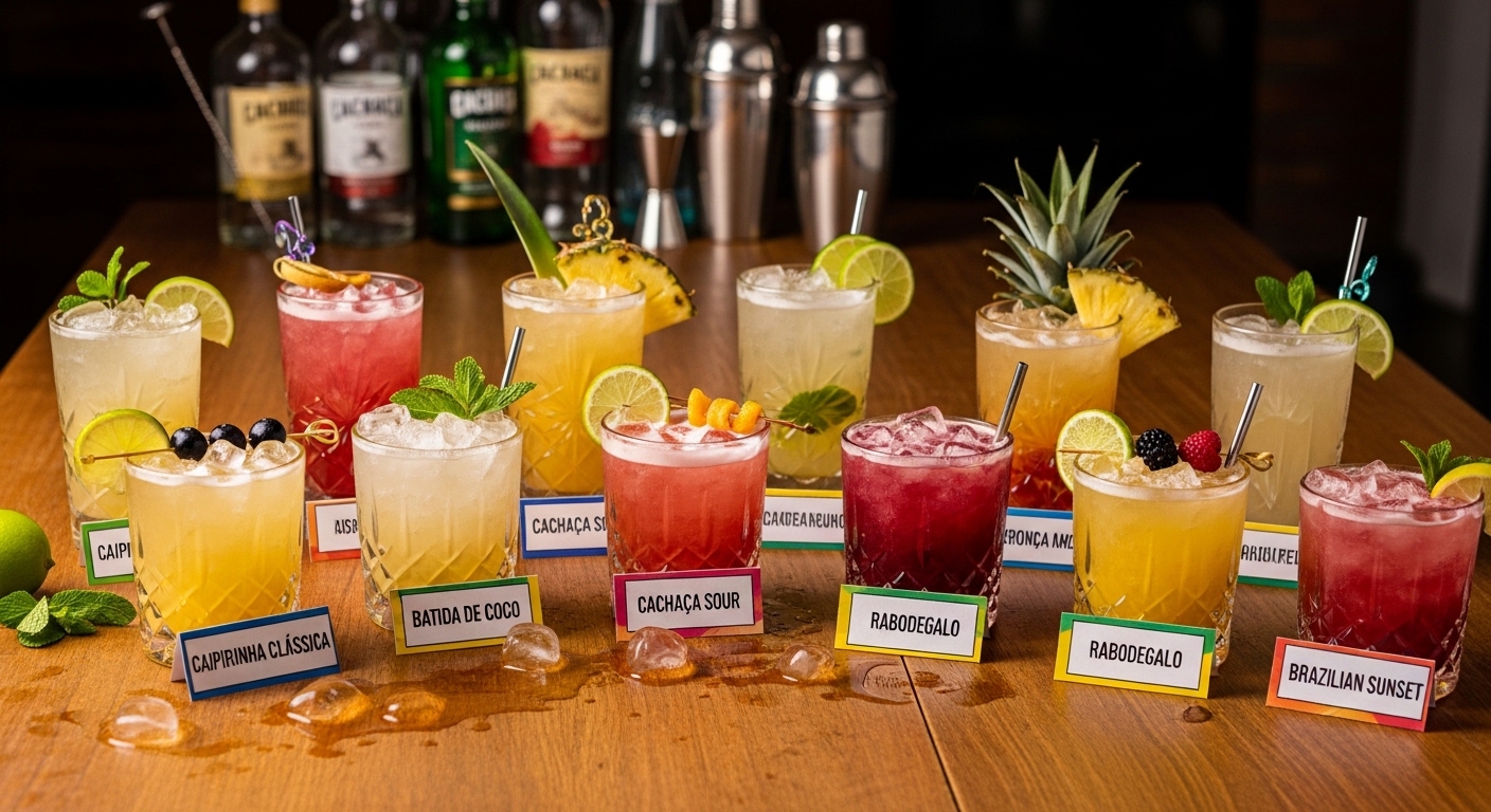 Variedade de drinks com rum fáceis de fazer em um bar