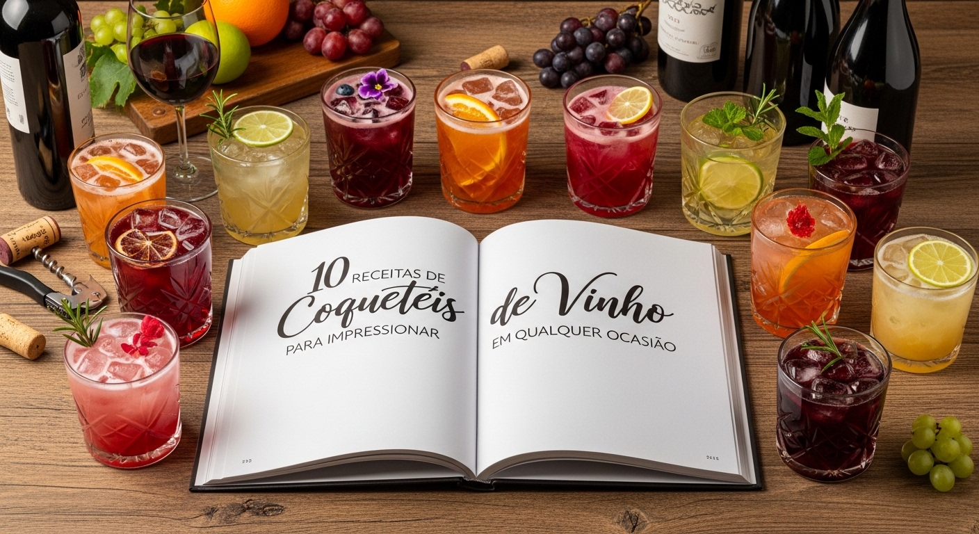 Coquetéis variados com vinho em uma mesa, acompanhados de frutas