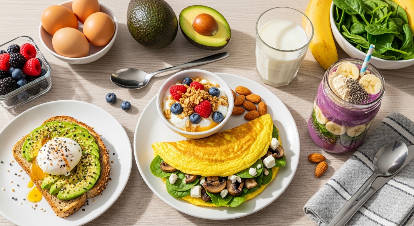 Prato com café da manhã proteico, incluindo torrada com abacate, ovo pochê, omelete com espinafre e cogumelos, iogurte com frutas e granola, smoothie roxo, leite e frutas variadas.