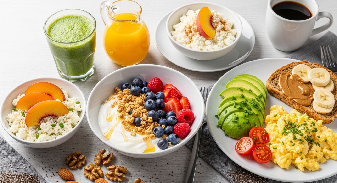 Um café da manhã saudável com várias opções, incluindo smoothies, frutas, iogurte, granola, torradas com pasta de amendoim e ovos mexidos.