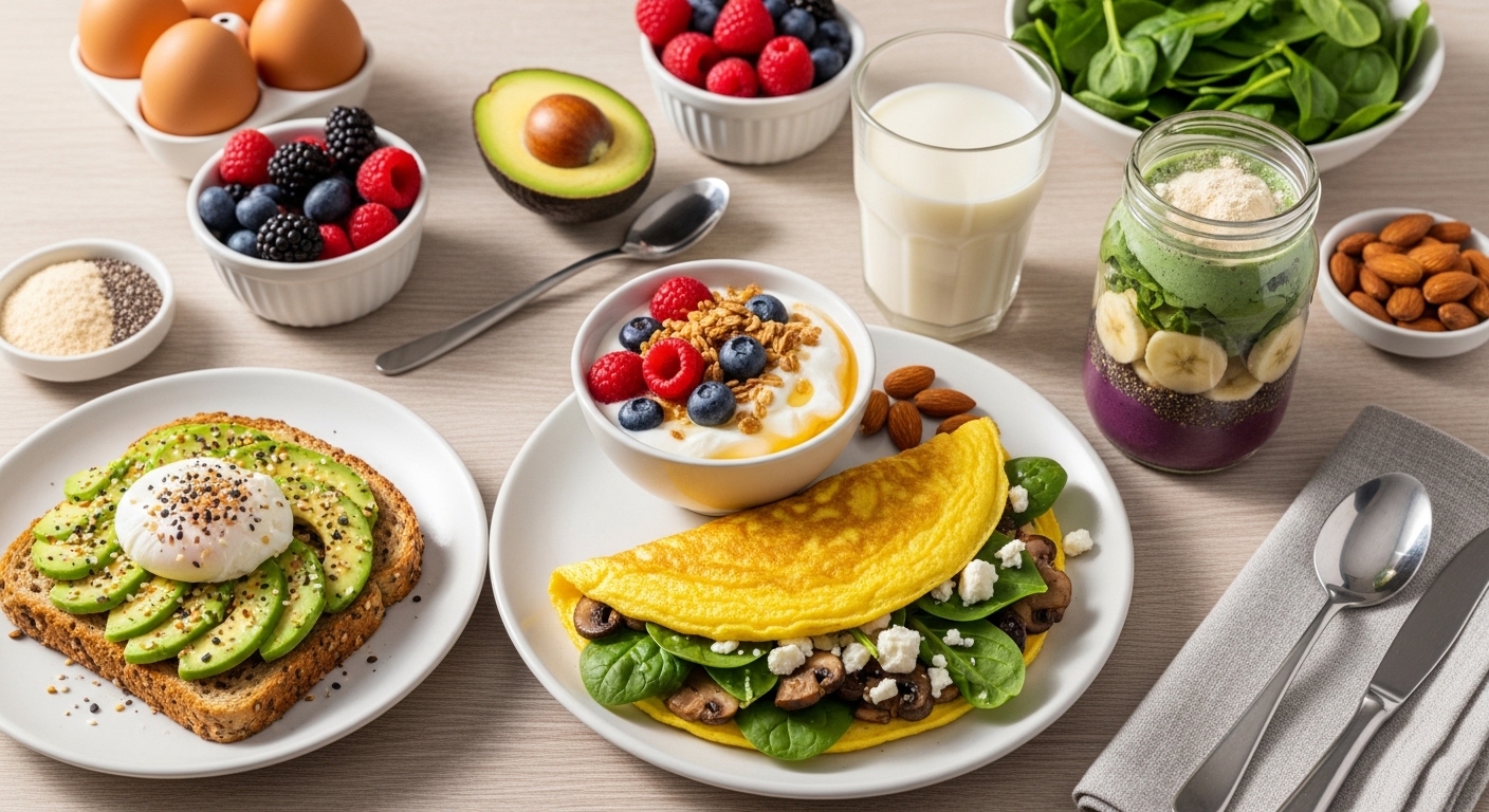 Mesa com várias opções de café da manhã saudável, incluindo torrada com abacate, omelete com espinafre e cogumelos, iogurte com frutas e um smoothie em pote.