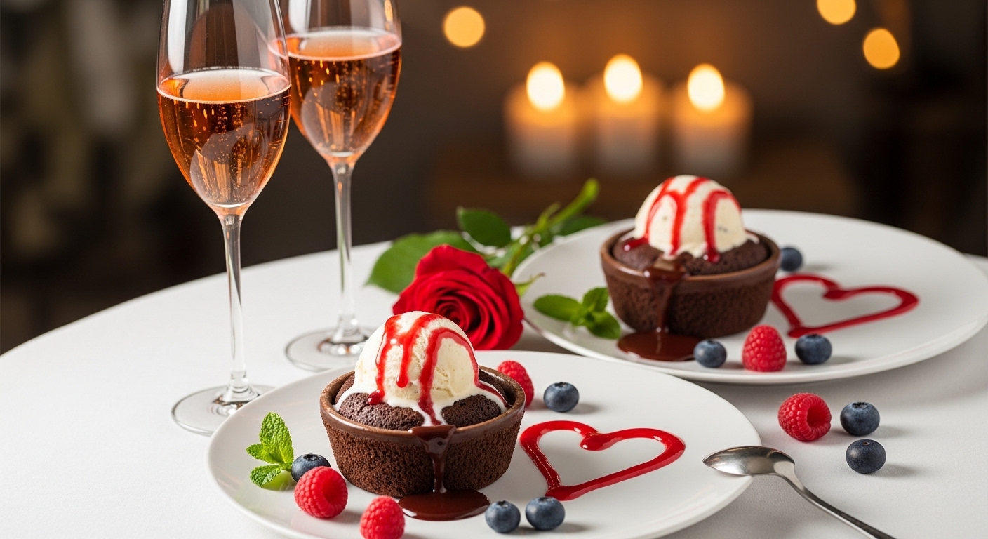 Sobremesa de chocolate com sorvete e calda, acompanhada de taças de espumante e frutas frescas.