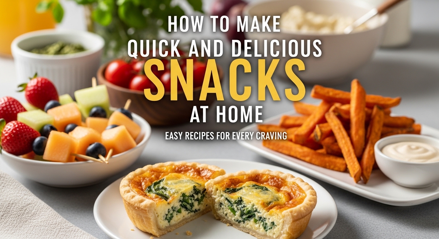 Uma mesa com lanches variados, incluindo uma tortinha, batatas-doces fritas, frutas frescas e um molho.