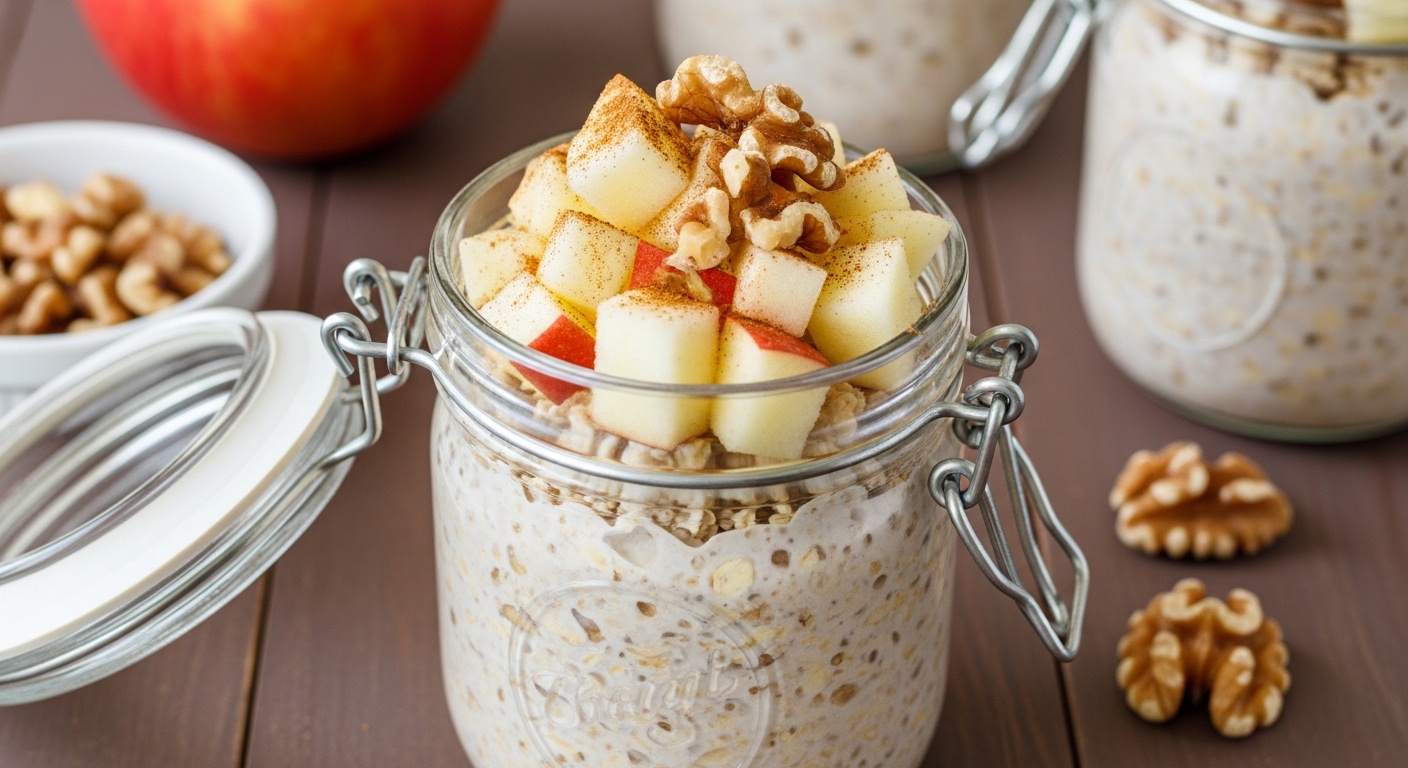 Pote de overnight oats com fatias de maçã e nozes por cima, ao lado de um pote de nozes e uma maçã vermelha.