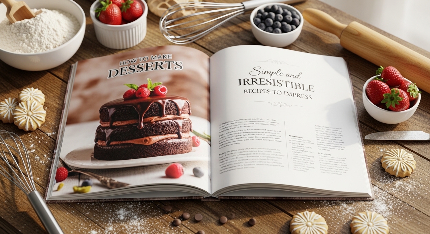 Uma mesa de madeira com um livro aberto de receitas de sobremesas. Ao lado, ingredientes como farinha, morangos, mirtilos e biscoitos decorativos.