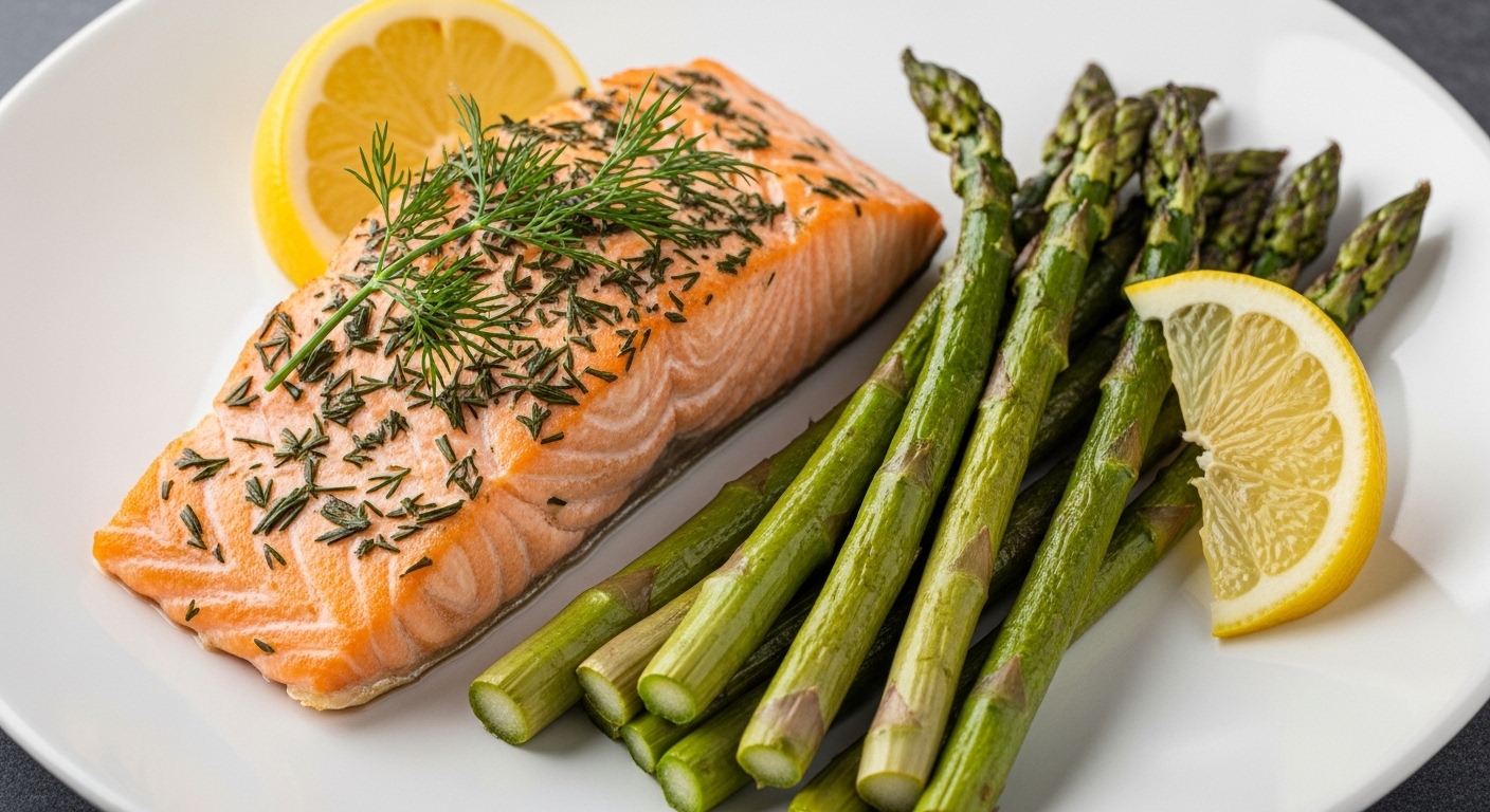Prato com filé de salmão grelhado coberto com ervas e acompanhado de aspargos e fatias de limão.