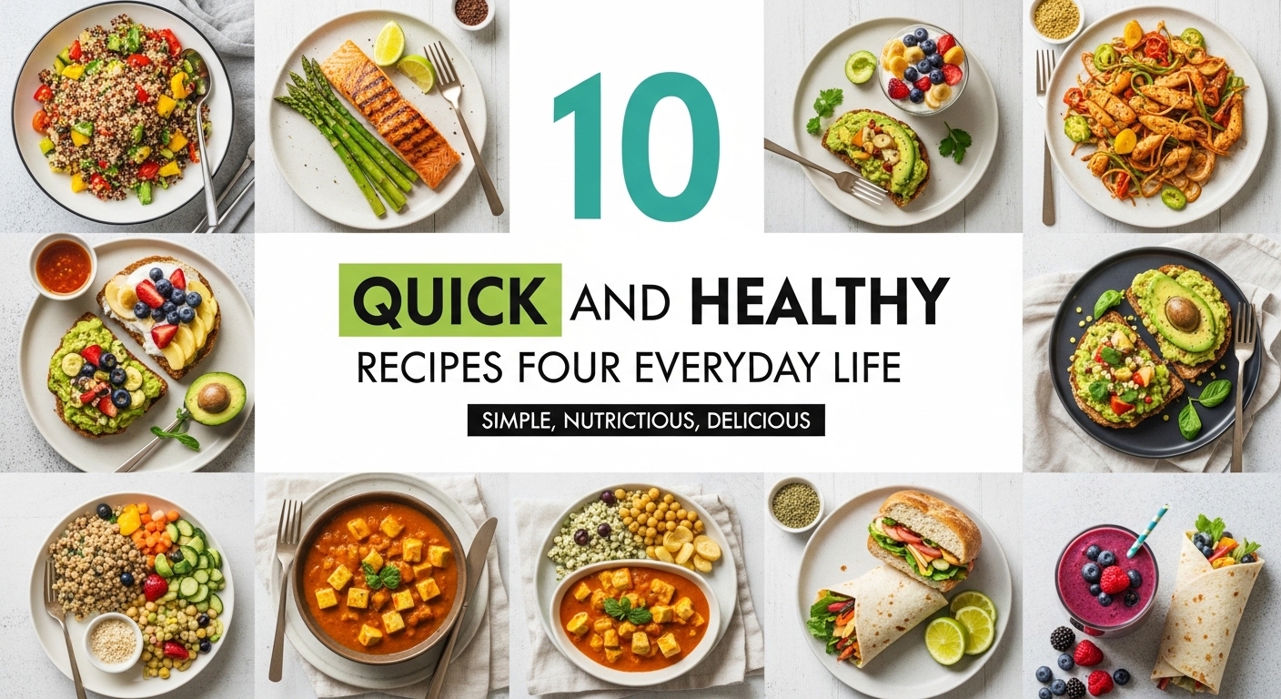 Uma composição de pratos saudáveis e coloridos, apresentando 10 receitas rápidas e nutritivas para o dia a dia.