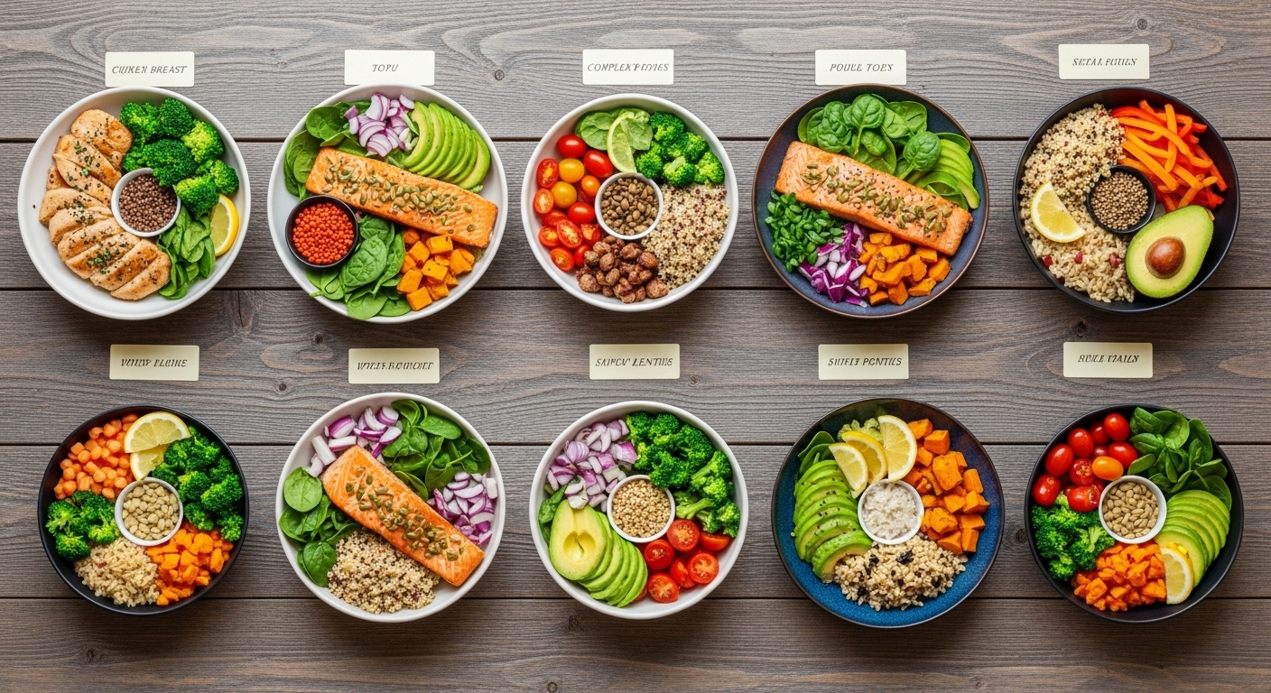 Uma variedade de pratos saudáveis com ingredientes fitness, incluindo frango grelhado, salmão, tofu e vegetais frescos.