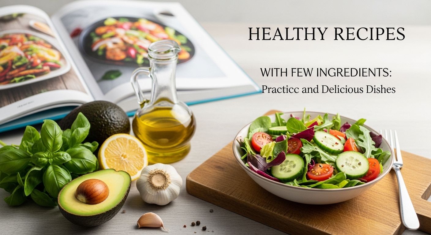 Uma salada colorida em um prato branco, com tomate, pepino, folhas verdes e roxas. Ao lado, ingredientes como abacate, manjericão, limão, alho e azeite de oliva, em uma mesa de madeira.