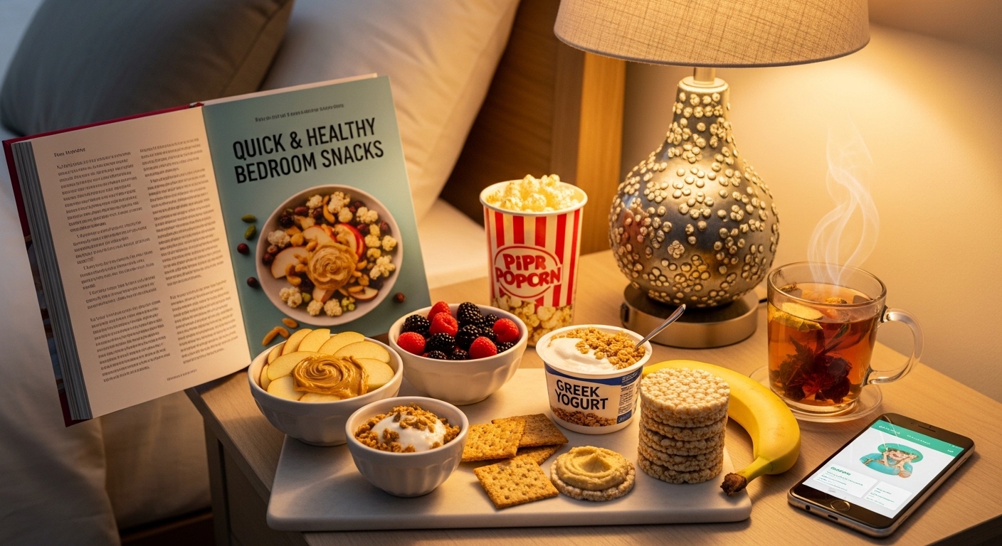Uma mesa ao lado da cama com várias opções de lanches saudáveis, incluindo iogurte grego, frutas e pipoca.