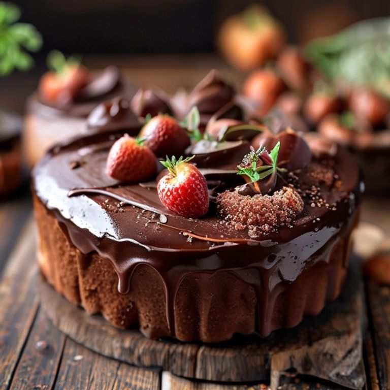 Fotografia profissional de um bolo de cenoura com cobertura de chocolate, em close-up, mesa de madeira rústica, iluminação natural lateral suave, textura úmida e cobertura brilhante escorrendo